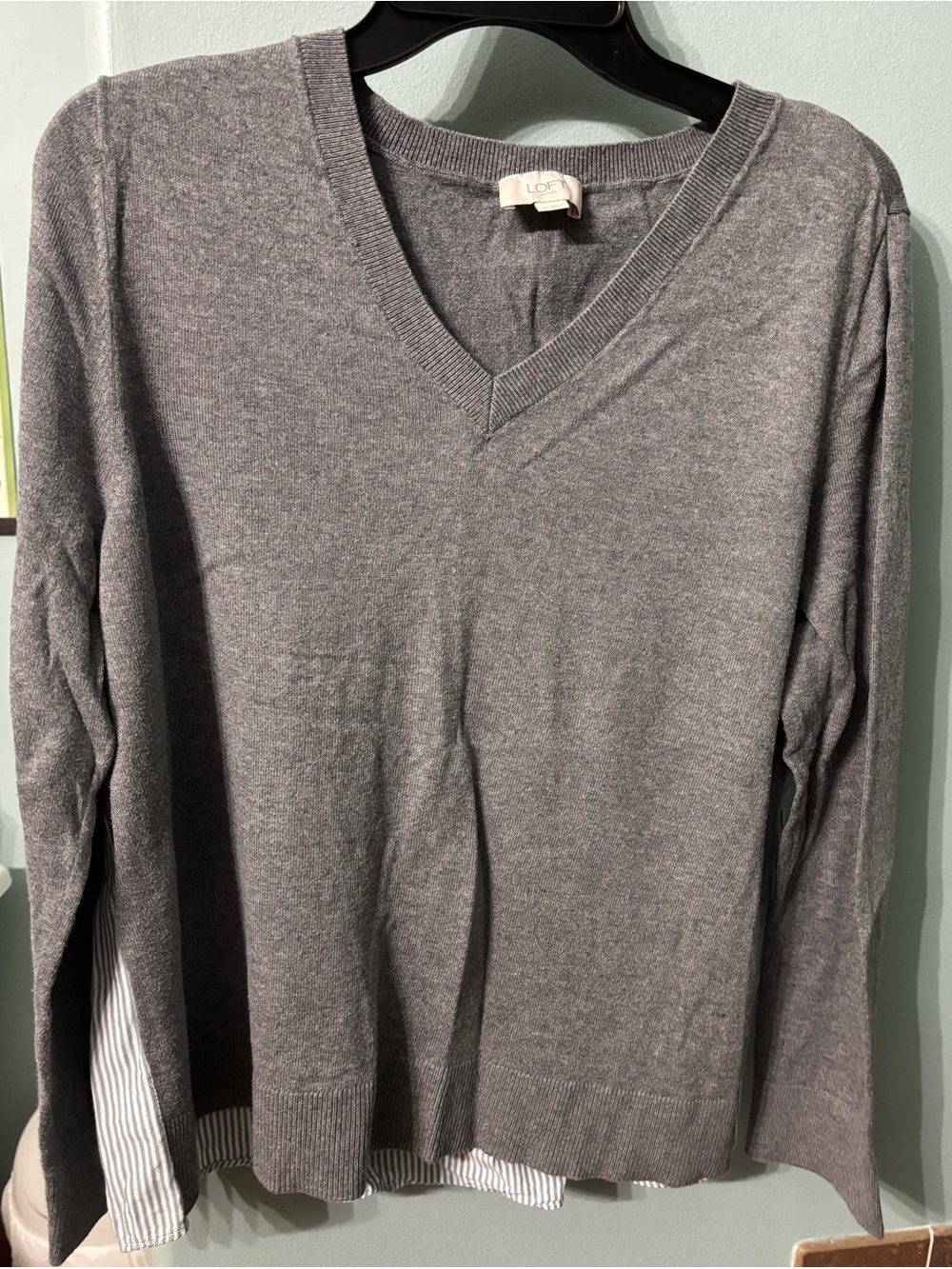 LOFT Gray V-Neck Sweater with pinstriped back Detail